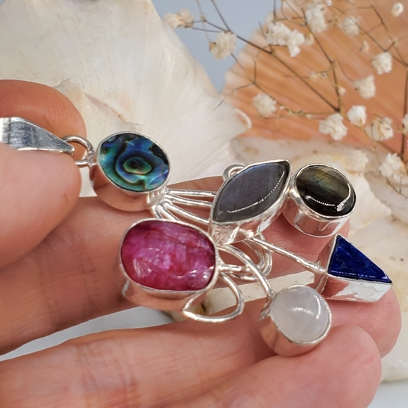 Natural Abalone Labradorite Ruby Moonstone 925 Silver - Picture 2 of 7